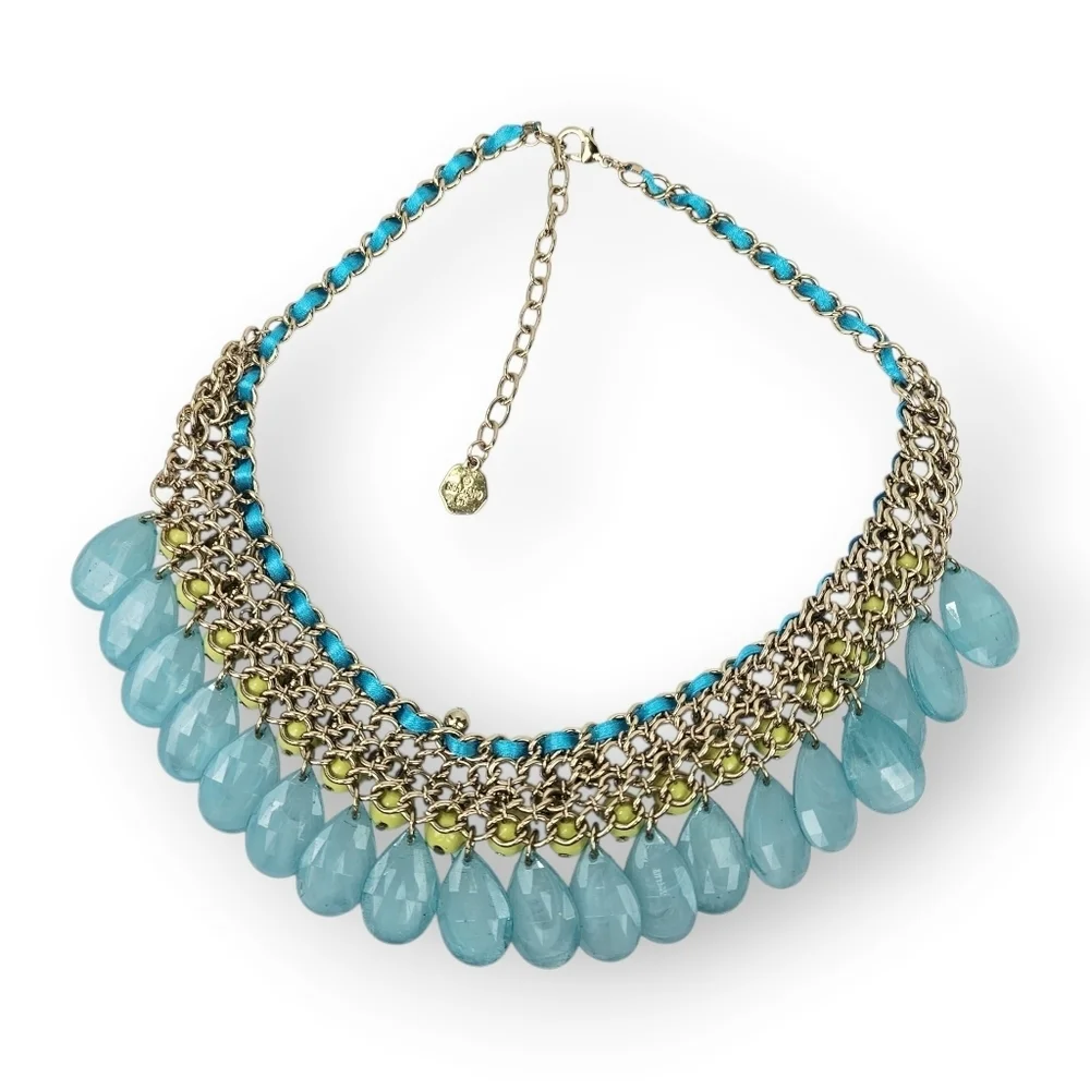 RJ Graziano Statement Chain Necklace Faux Turquoise Bib Green Blue Gold Tone 18